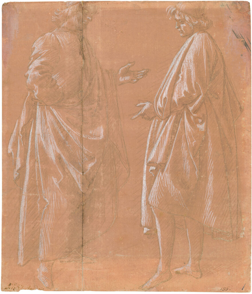 Domenico Ghirlandaio (Florence 1448 - 1494 Florence, attribué), Deux hommes debout en conversation, années 1480, crayon argenté, pinceau en blanc, sur papier préparé saumon, 211 × 181 mm
© Collection nationale d'art graphique de Munich, Inv.-Nr. 2150 Z 