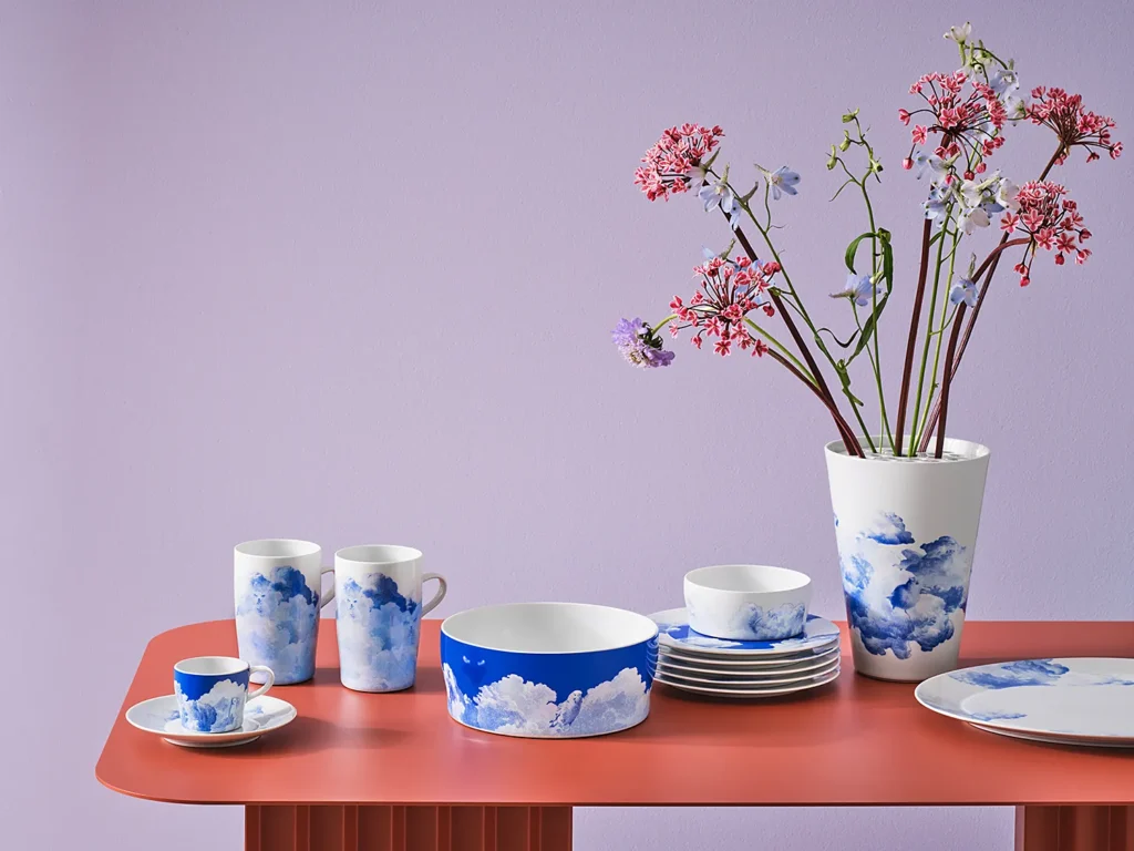 Fürstenberg porcelain collection cloud decor blue with cups, vases and plates in pastel colours  