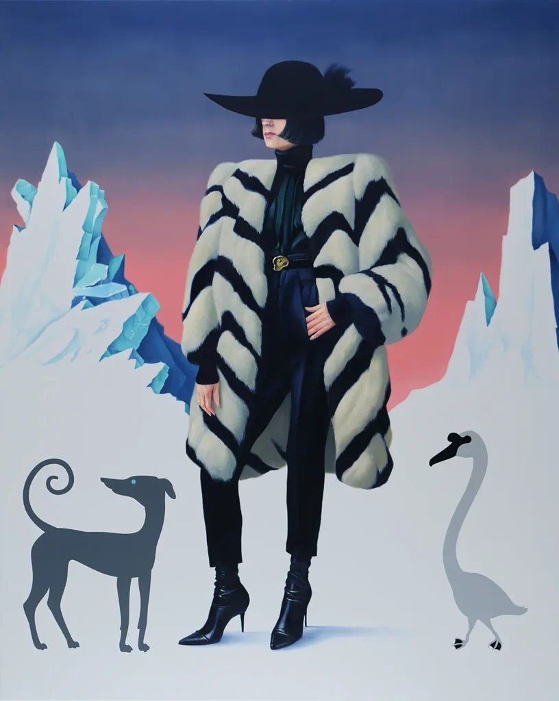 Figura con abrigo de piel y sombrero entre siluetas de perro y cisne en paisaje helado – pintura de Máté Orr.