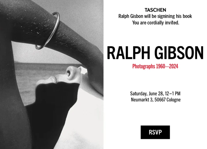 Black-and-white photo by Ralph Gibson with a woman's face in profile under a raised arm; invitation text announcing his book signing event in Cologne on June 28, 2025.