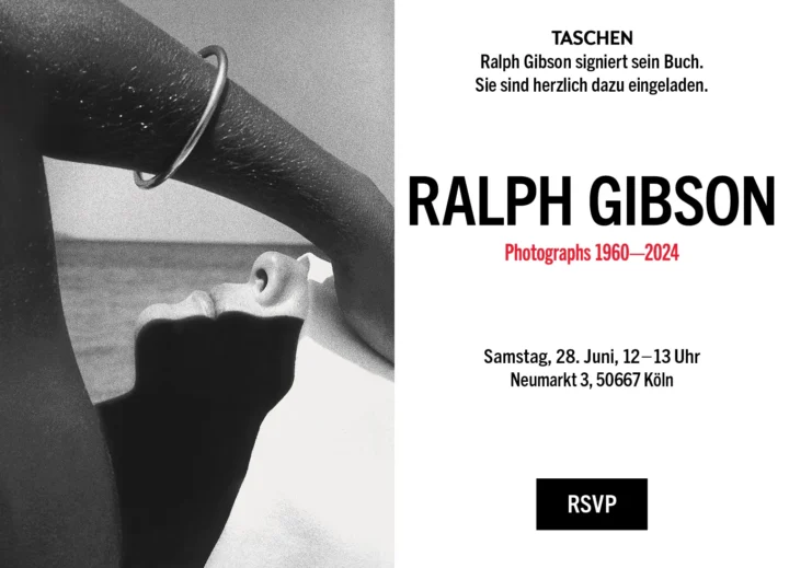 Black-and-white photo by Ralph Gibson with a woman's face in profile under a raised arm; invitation text announcing his book signing event in Cologne on June 28, 2025.