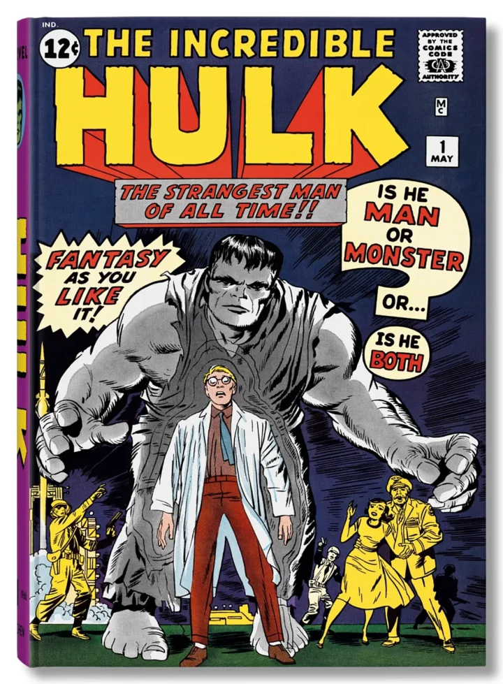 Cover of The Incredible Hulk No. 1 (1962) featuring the Hulk looming behind Bruce Banner with the tagline "Is he man or monster... or is he both?"