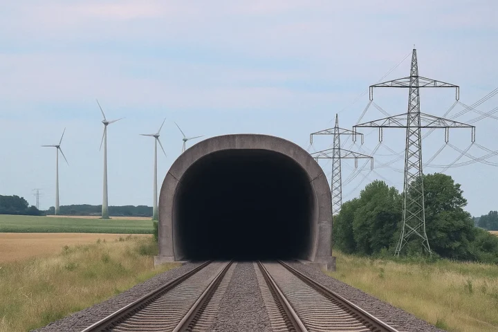 Eingang eines Bahntunnels mit Strommast und Windkraftanlagen in ländlicher Umgebung unter bewölktem Himmel