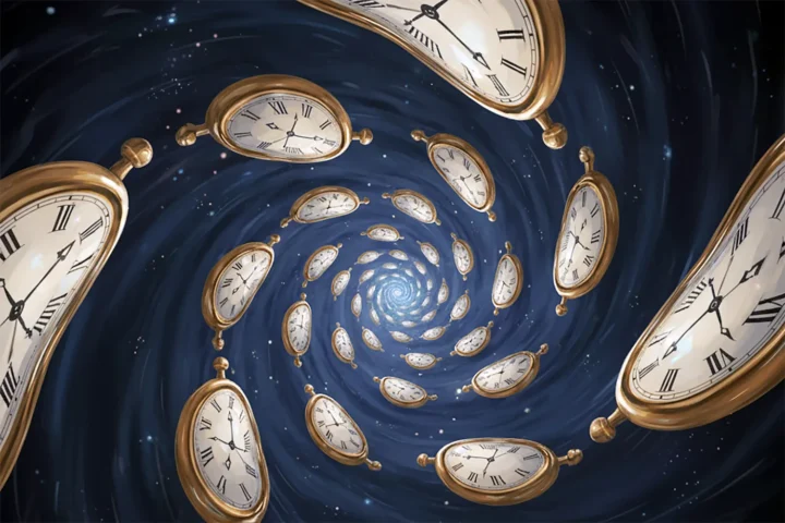 Warped pocket watches spiraling into a cosmic vortex, symbolizing time and relativity