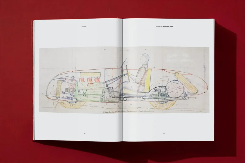 Open spread of Ferrari XL showing an early technical drawing of a Ferrari car