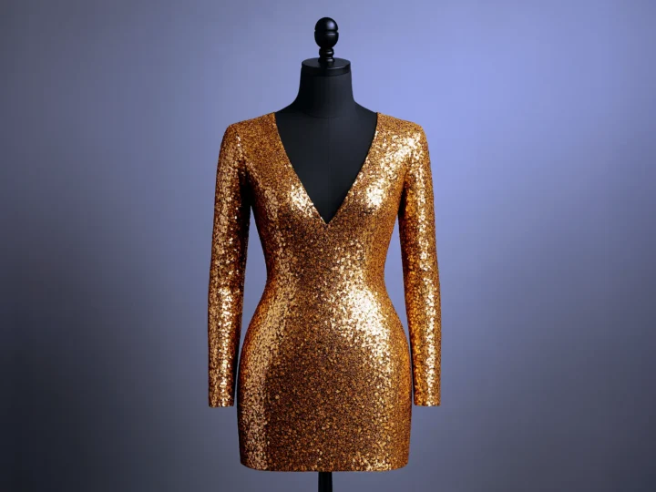 Symbolic image: Black mannequin with a golden dress against a gray background