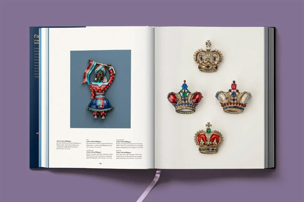 Interior spread from “Costume Jewelry” with a dancer brooch
and a selection of ornate crown-shaped pieces.
 © Taschen Verlag