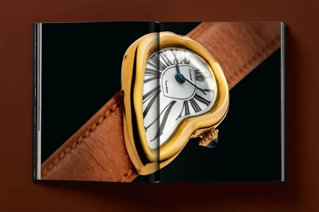 An interior spread from “Ultimate Collector Watches” shows an asymmetrical gold wristwatch with a curved case design that underscores the unconventional aesthetics of watchmaking.
 © Taschen Verlag