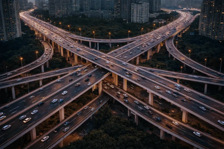 Complex multi-level highway interchange at dusk with flowing traffic and illuminated roads symbolizing industrial transition and uncertainty