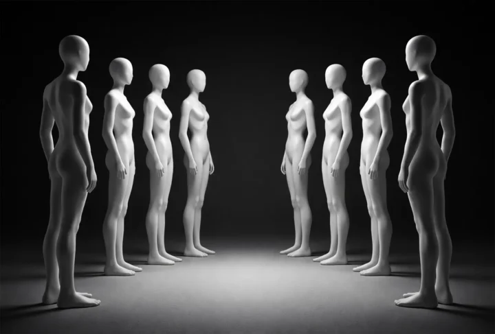 Identical mannequins stand facing each other in a dark space, symbolizing interchangeability in the global modeling industry.