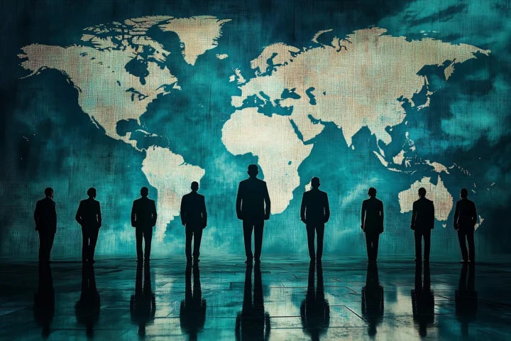 Silhouettes of influential figures standing before a world map symbolizing global power structures and elite networks