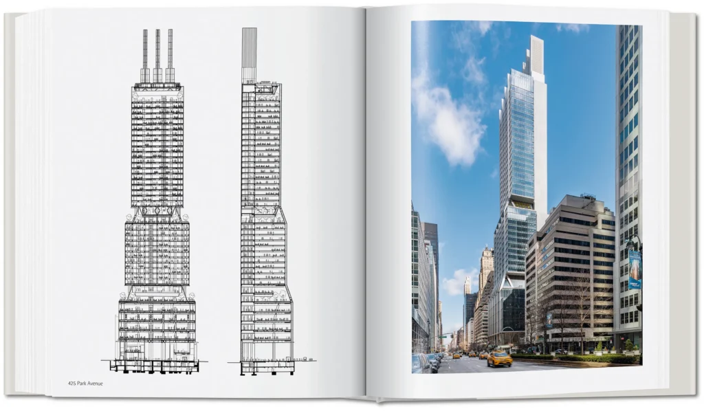 Architectural section drawings and street view of 425 Park Avenue by Norman Foster in New York.