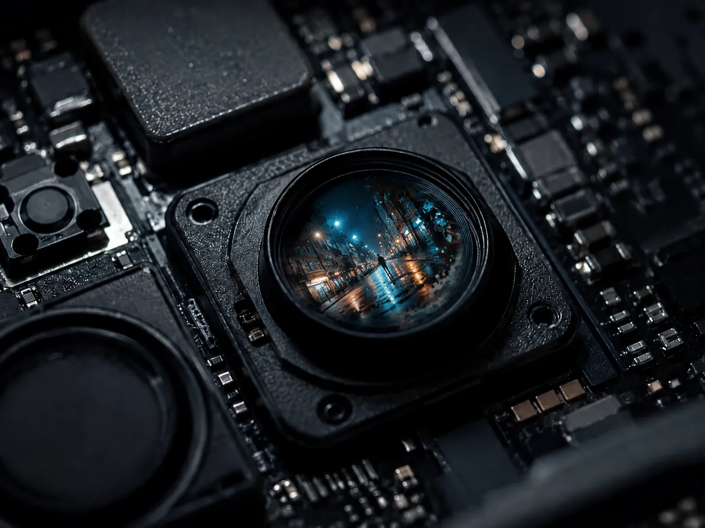 Dark macro image of a smartphone camera module on a circuit board, with a night street scene reflected inside the lens.