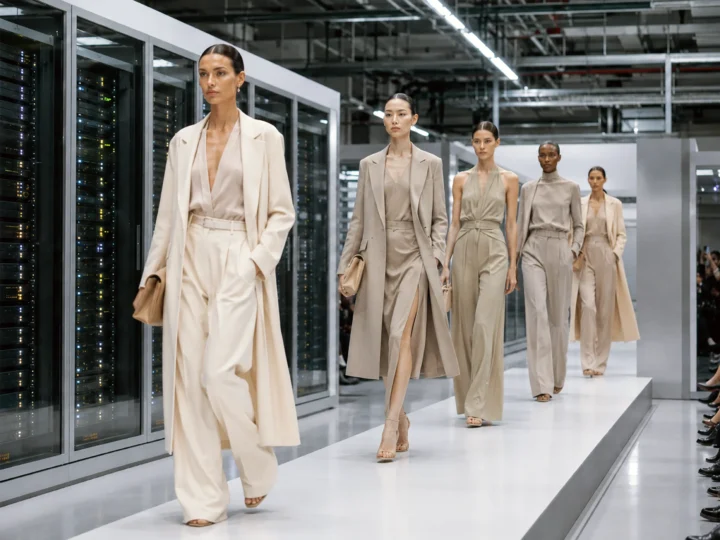 High-fashion runway show inside a bright server room with female models in coordinated neutral outfits.