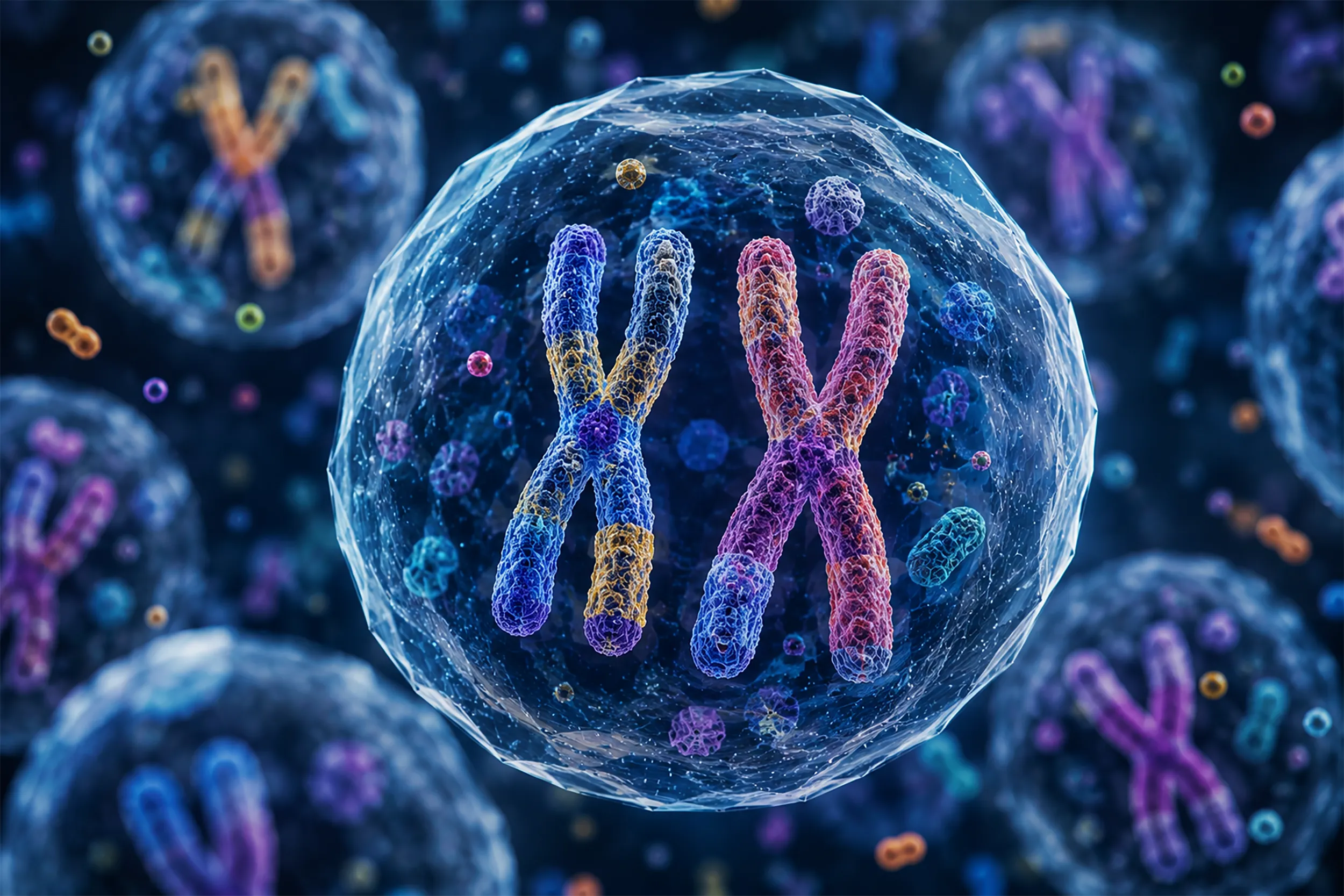 Two chromosomes inside a transparent human cell visualised as a technological biotech system