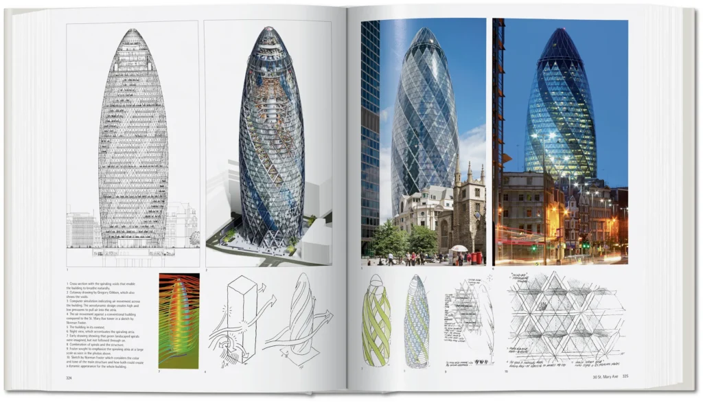 Architectural diagrams and photographs of 30 St Mary Axe by Norman Foster in London.