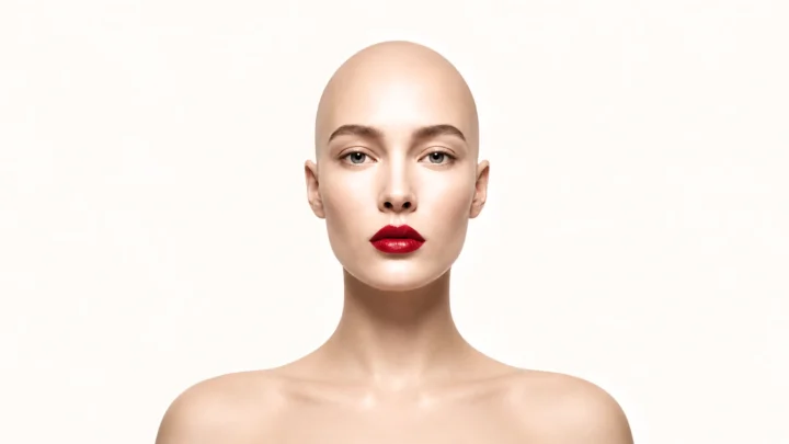 Bald woman with red lips against a white background representing the standardization of human appearance in digital culture