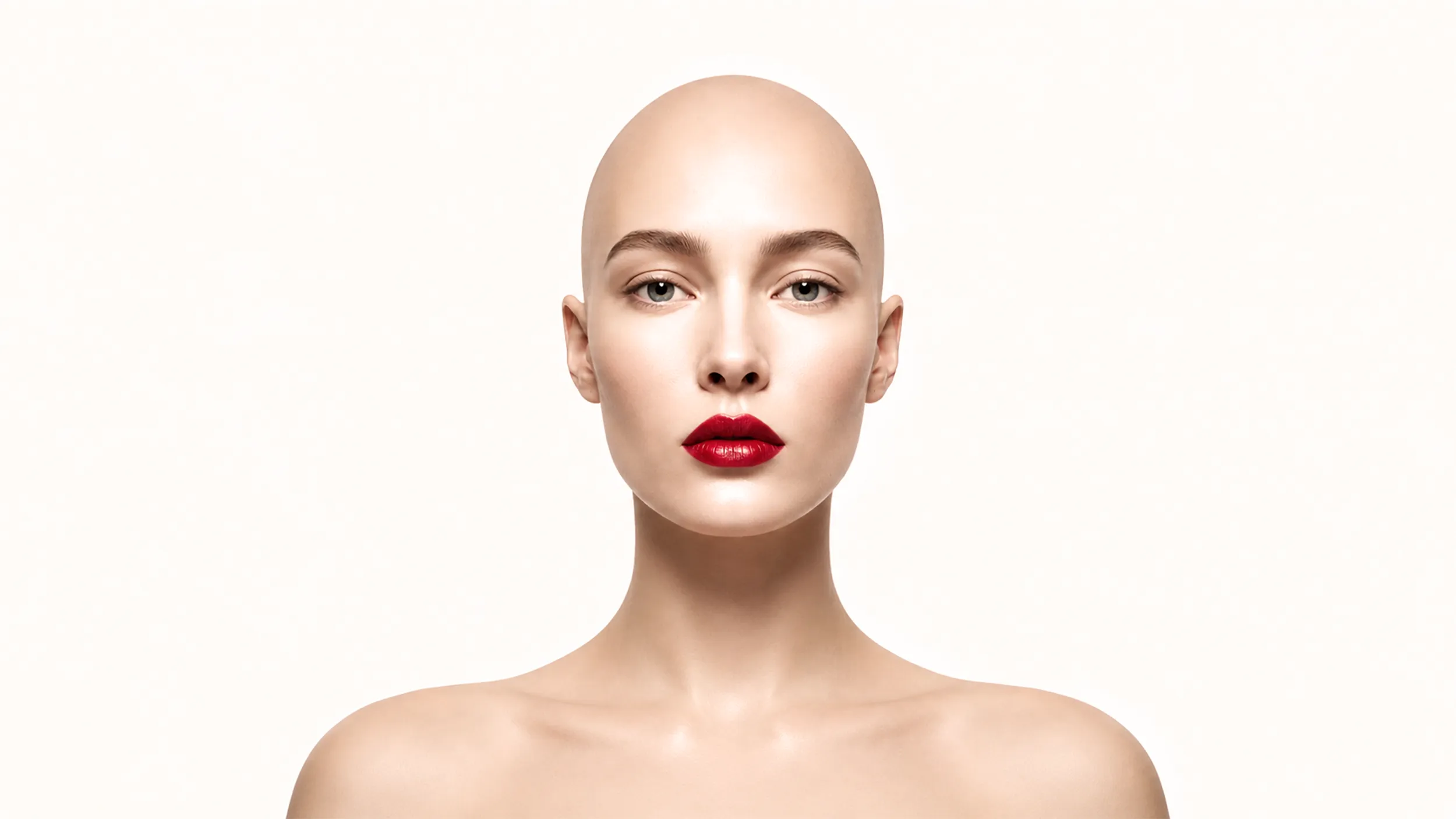Bald woman with red lips against a white background representing the standardization of human appearance in digital culture