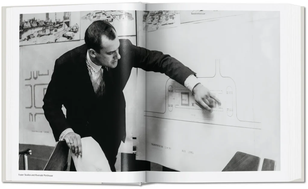 Young Norman Foster presenting an architectural site plan in an early studio photograph