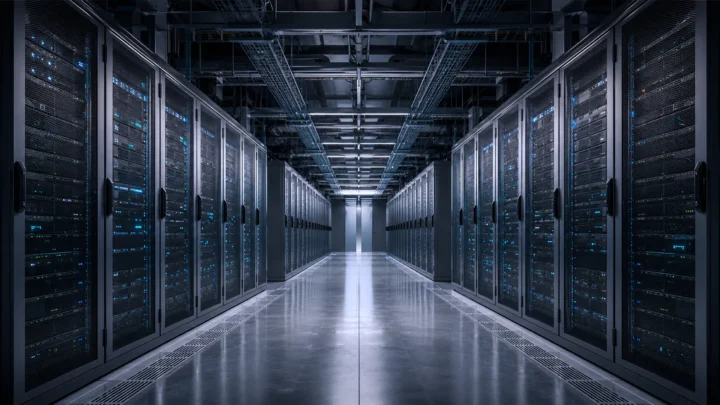 Symmetrical corridor of a modern data centre with server racks, overhead cable trays and polished floor