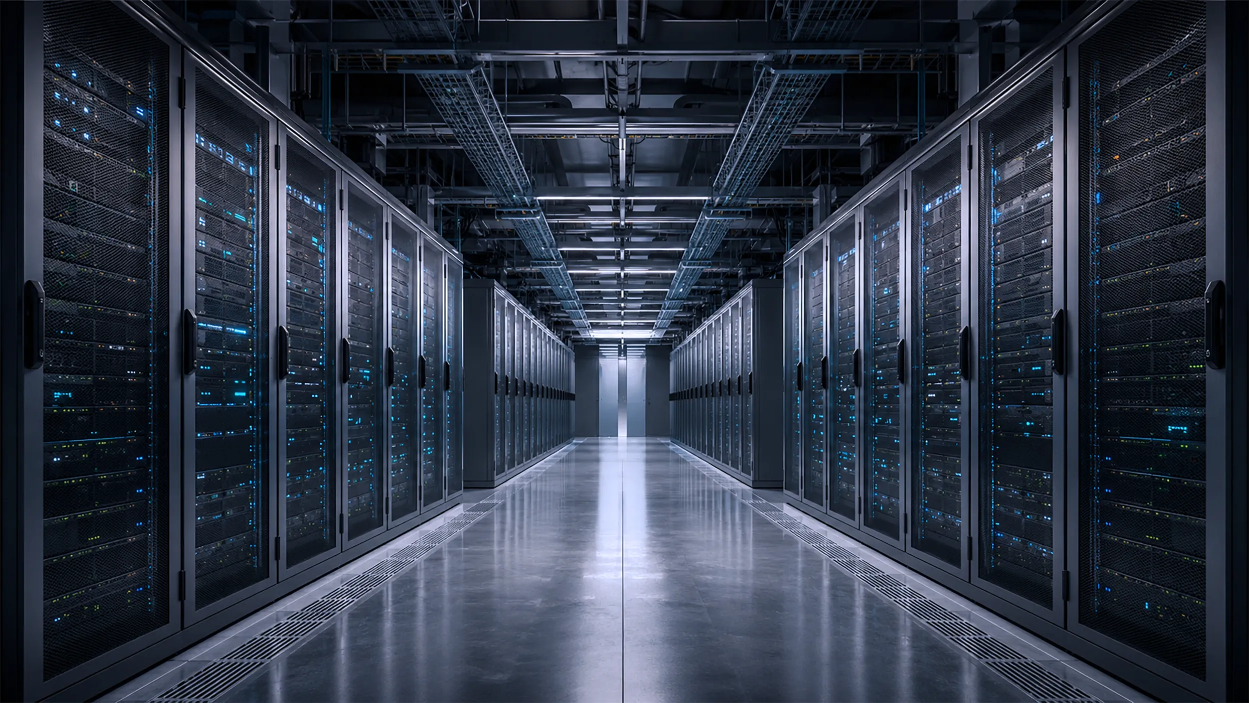 Symmetrical corridor of a modern data centre with server racks, overhead cable trays and polished floor