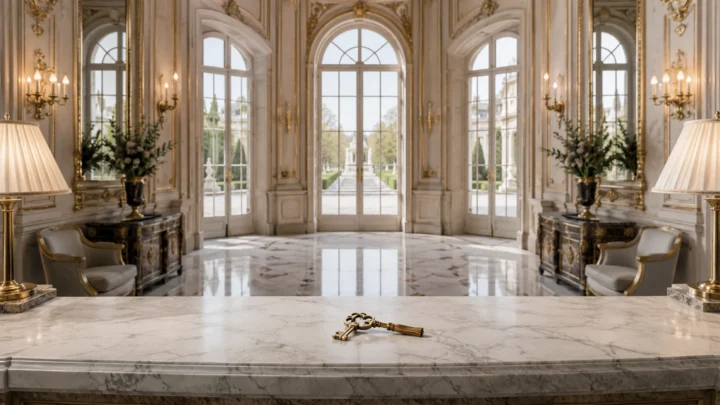 A fictional French palace hotel lobby with marble, gold details and a brass key on the reception desk