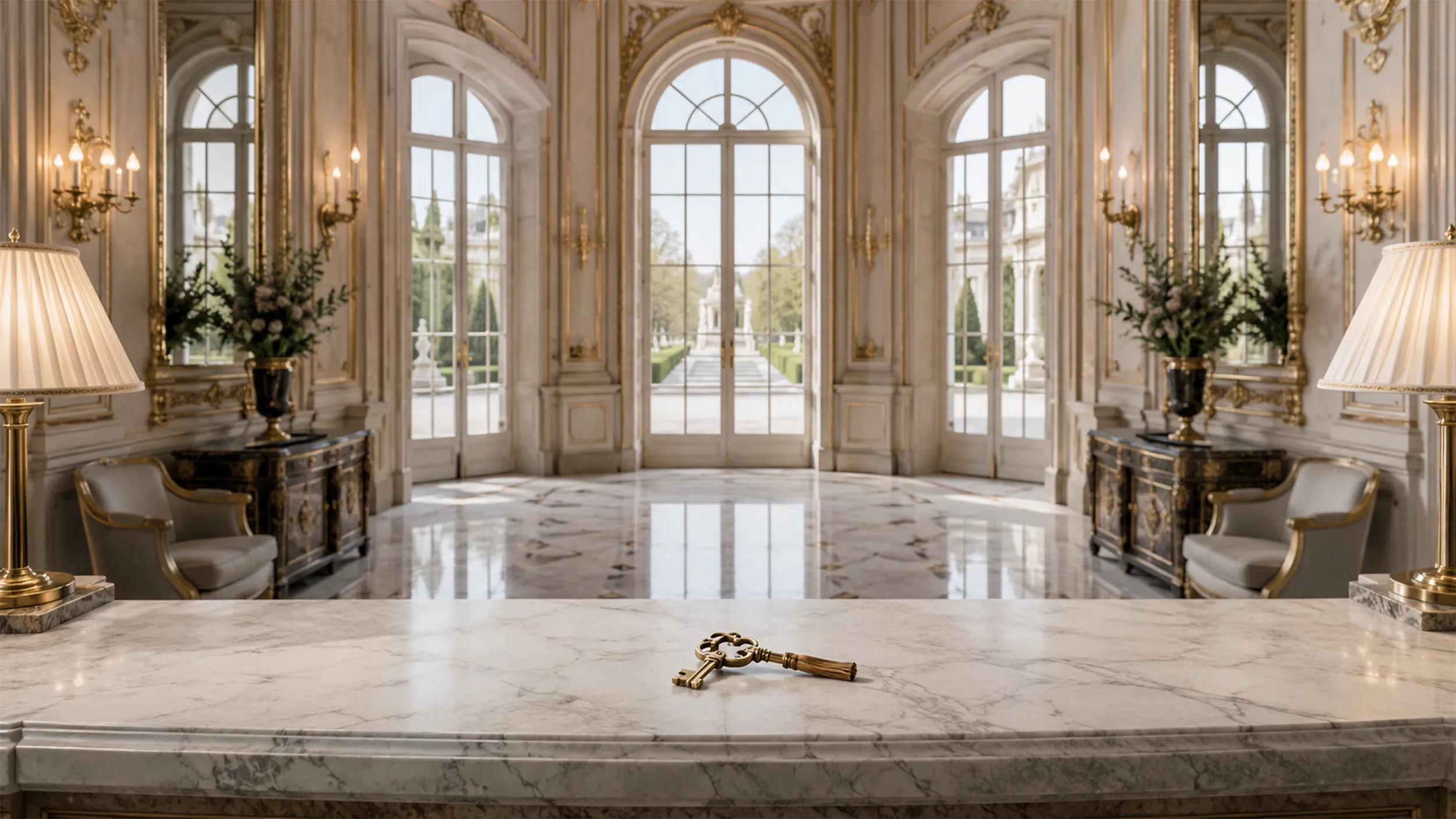 A fictional French palace hotel lobby with marble, gold details and a brass key on the reception desk